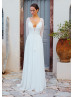 Long Sleeve Ivory Lace Chiffon Tie Back Wedding Dress